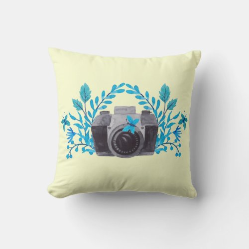 Camera With Azure Blue Leaves And Butterflies Throw Pillow