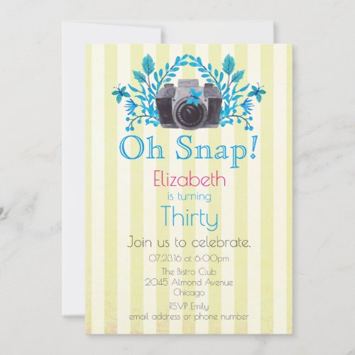 Camera With Blue Leaves And Butterflies Birthday Invitation