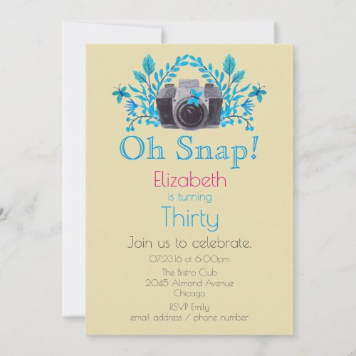 Camera With Blue Leaves And Butterflies Birthday Invitation