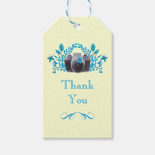 Camera With Blue Leaves And Butterflies Thank You Gift Tags