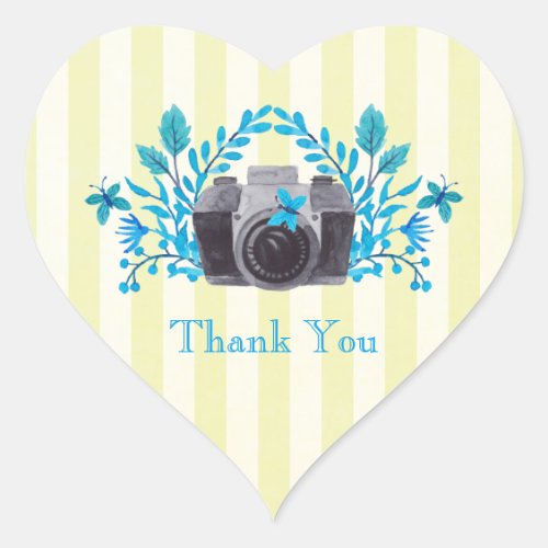 Camera With Blue Leaves And Butterflies Thank You Heart Sticker