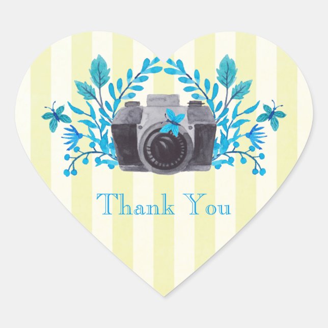 Camera With Blue Leaves And Butterflies Thank You Heart Sticker (Front)