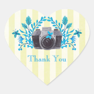Camera With Blue Leaves And Butterflies Thank You Heart Sticker