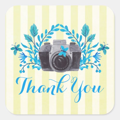 Camera With Blue Leaves And Butterflies Thank You Square Sticker