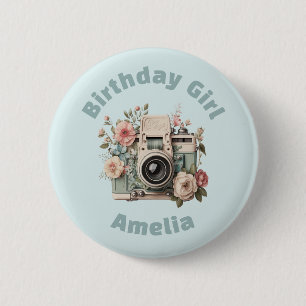 Camera with Flowers Retro Pastel Birthday Girl Button