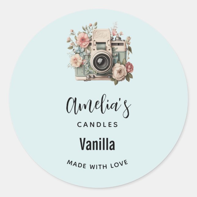 Camera with Flowers Retro Pastel Candle Business Classic Round Sticker (Front)