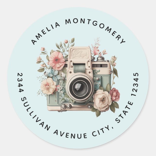 Camera with Flowers Retro Pastel Image - Address Classic Round Sticker (Front)