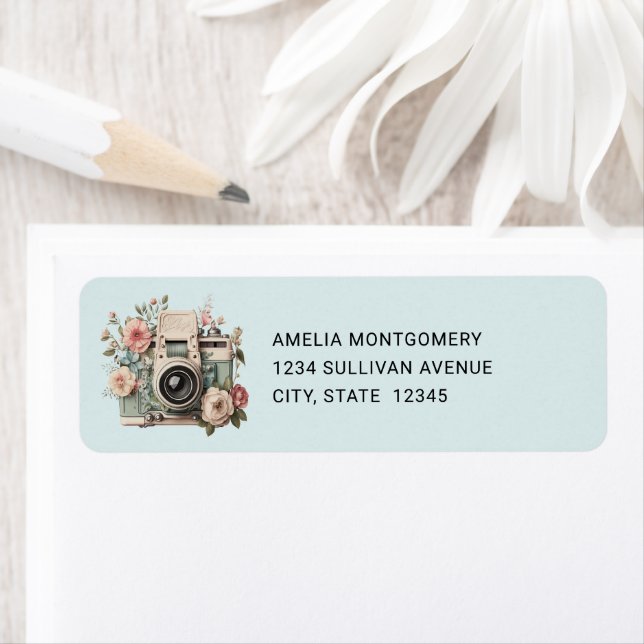 Camera with Flowers Retro Pastel Image - Address Label (Insitu)