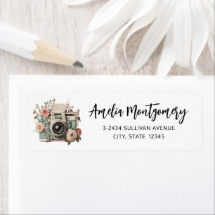 Camera with Flowers Retro Pastel Image - Address Label
