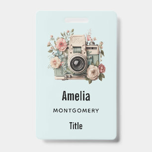 Camera with Flowers Retro Pastel Image Badge