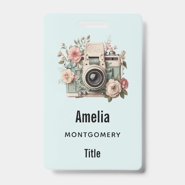 Camera with Flowers Retro Pastel Image Badge (Front)