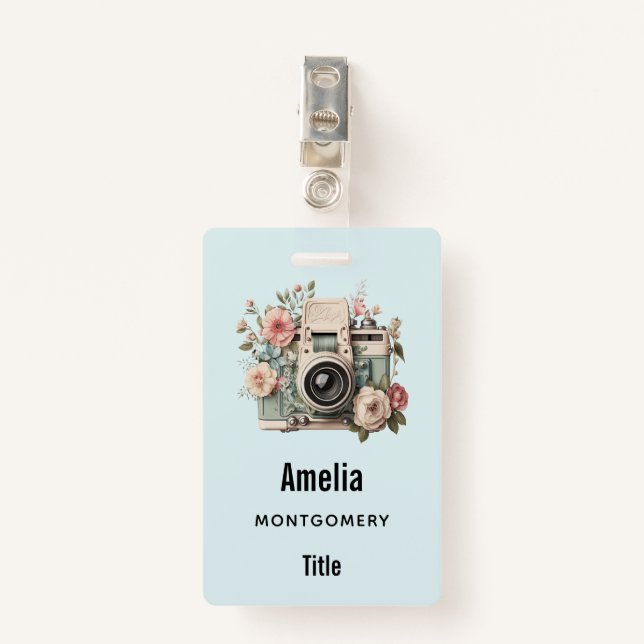 Camera with Flowers Retro Pastel Image Badge (Front with Clip)