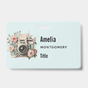 Camera with Flowers Retro Pastel Image Badge