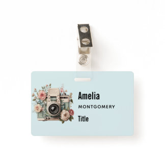 Camera with Flowers Retro Pastel Image Badge