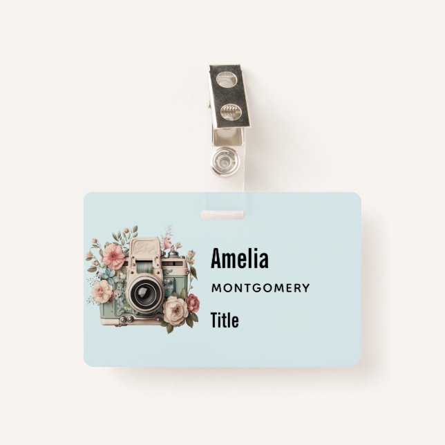 Camera with Flowers Retro Pastel Image Badge (Front with Clip)