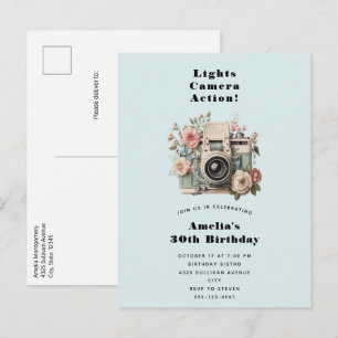Camera with Flowers Retro Pastel Image Birthday Invitation Postcard