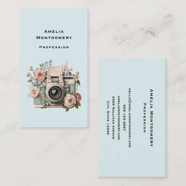 Camera with Flowers Retro Pastel Image Business Card (Front/Back)