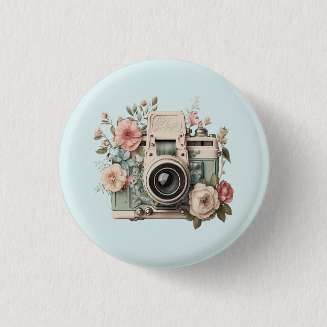 Camera with Flowers Retro Pastel Image Button (Front)