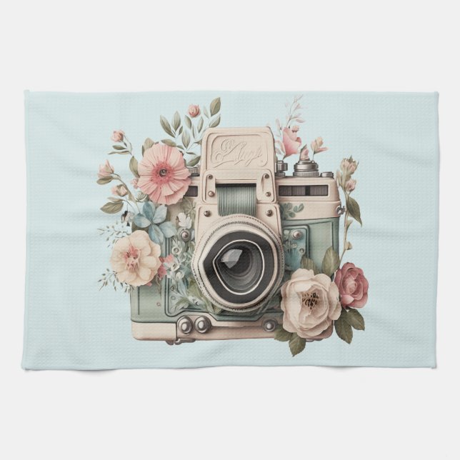 Camera with Flowers Retro Pastel Image Kitchen Towel (Horizontal)