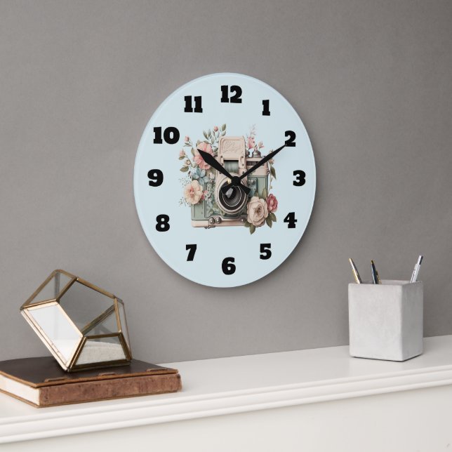 Camera with Flowers Retro Pastel Image Large Clock (Office)