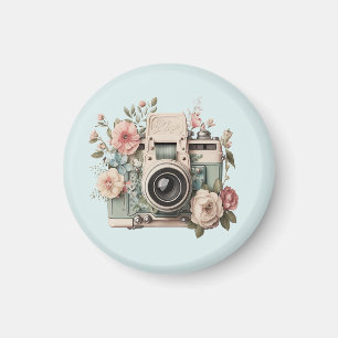 Camera with Flowers Retro Pastel Image Magnet