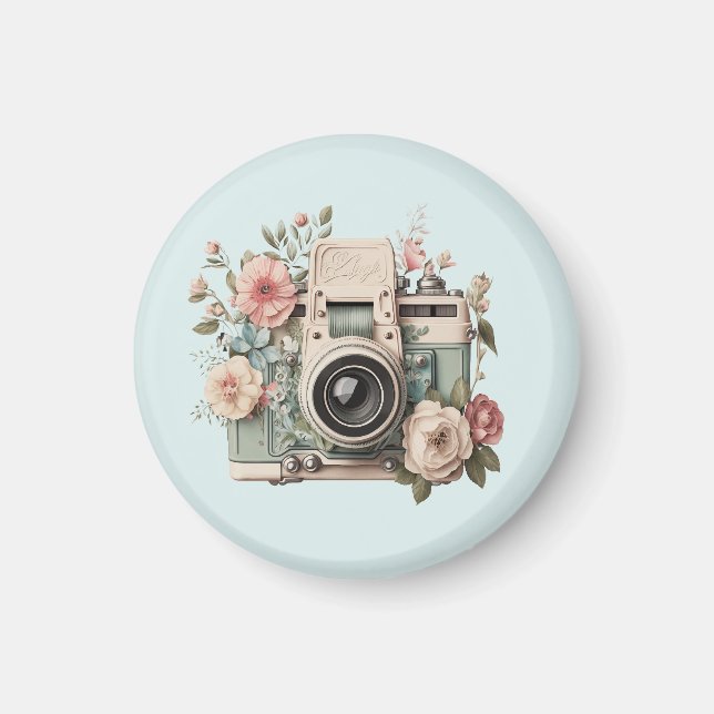 Camera with Flowers Retro Pastel Image Magnet (Front)
