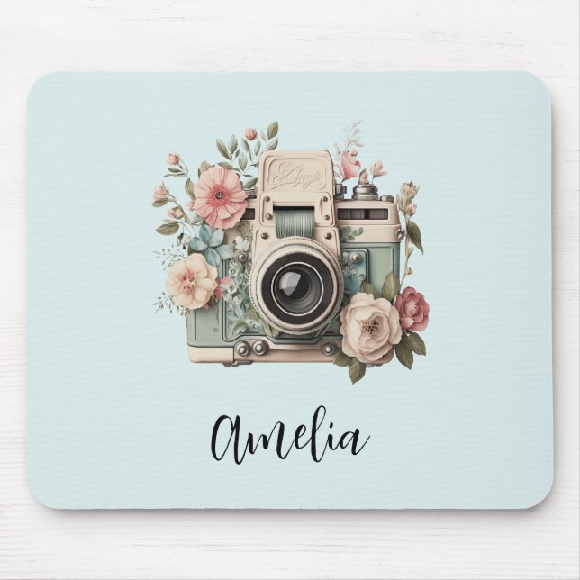 Camera with Flowers Retro Pastel Image Mouse Pad (Front)
