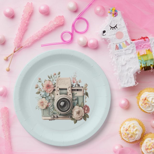Camera with Flowers Retro Pastel Image Paper Plates (Party)