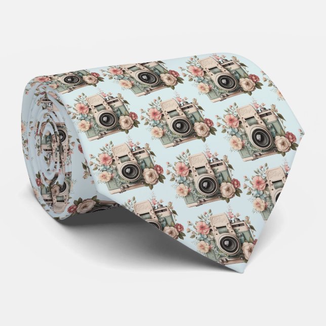 Camera with Flowers Retro Pastel Image Pattern Neck Tie (Rolled)