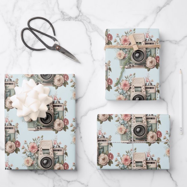 Camera with Flowers Retro Pastel Image Pattern Wrapping Paper Sheets (Front)