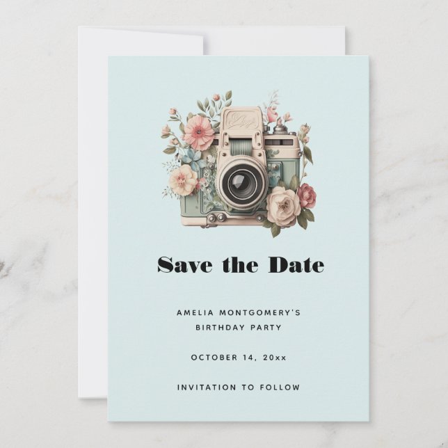 Camera with Flowers Retro Pastel Image Save The Date (Front)