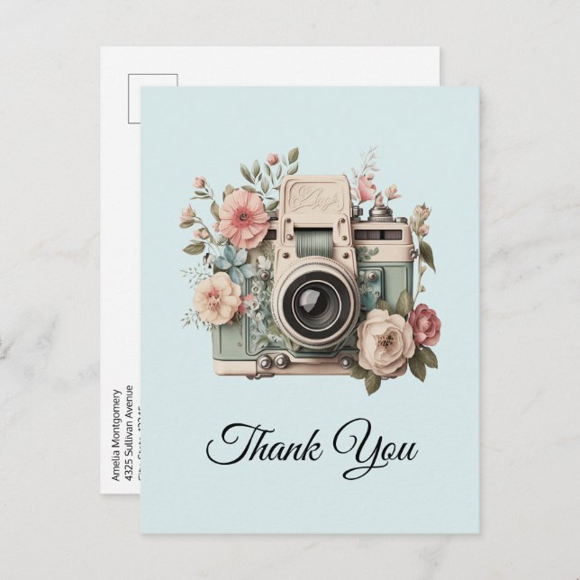 Camera with Flowers Retro Pastel Image Thank You Postcard (Front/Back)