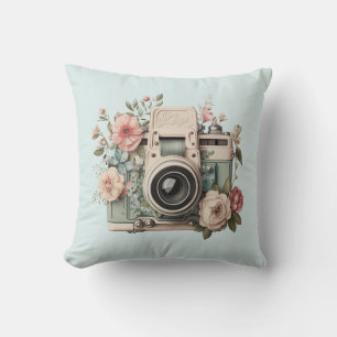 Camera with Flowers Retro Pastel Image Throw Pillow