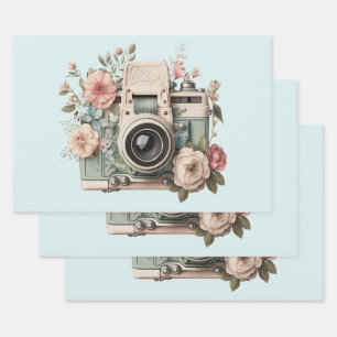 Camera with Flowers Retro Pastel Image Wrapping Paper Sheets