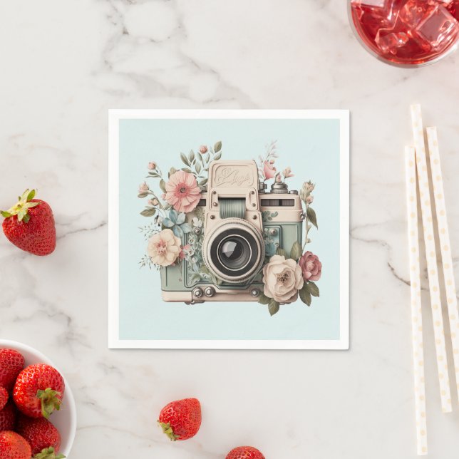 Camera with Flowers Retro Pastel Napkins (Insitu)