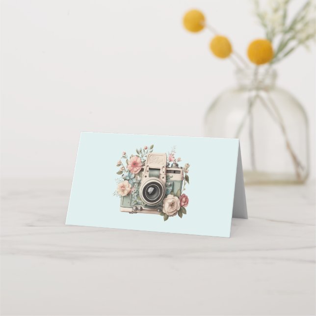 Camera with Flowers Retro Pastel Place Card (Front)