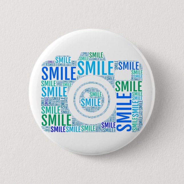 Camera word art, text design smile pinback button (Front)