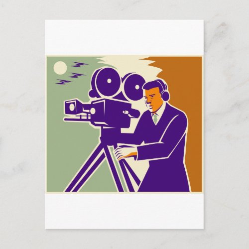 Cameraman Film Crew Vintage Video Movie Camera Postcard