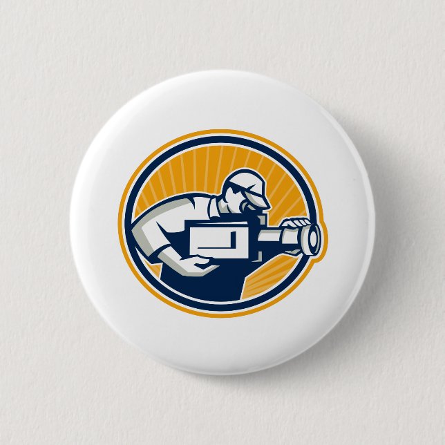 Cameraman Shooting Movie Video Camera Retro Button (Front)