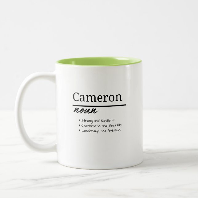 Cameron, Boy Personalized Name Definition Two-Tone Coffee Mug (Left)