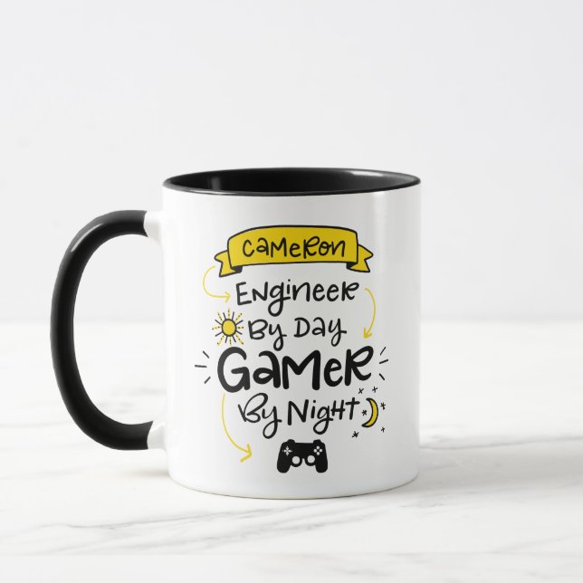 Cameron, Engineer - Gamer, Custom Lettering Mug (Left)
