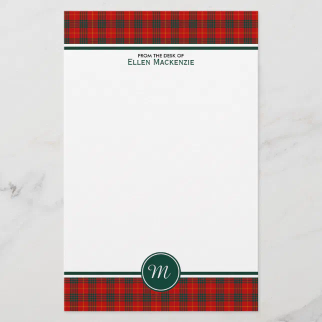 Cameron Family Tartan Red and Green Plaid Monogram Stationery | Zazzle
