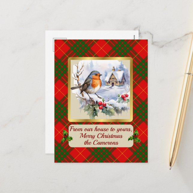 Cameron Tartan w/Robin Personalized   Holiday Postcard (Front/Back In Situ)