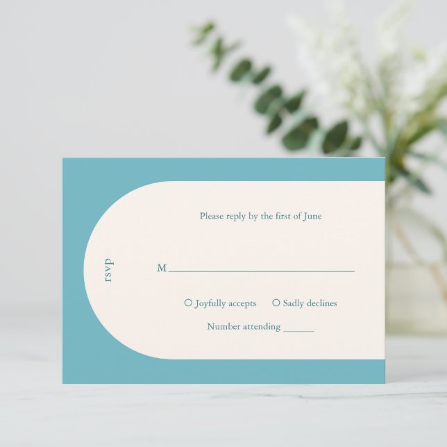 Camila Aqua Arch Modern Wedding RSVP Card (Standing Front)