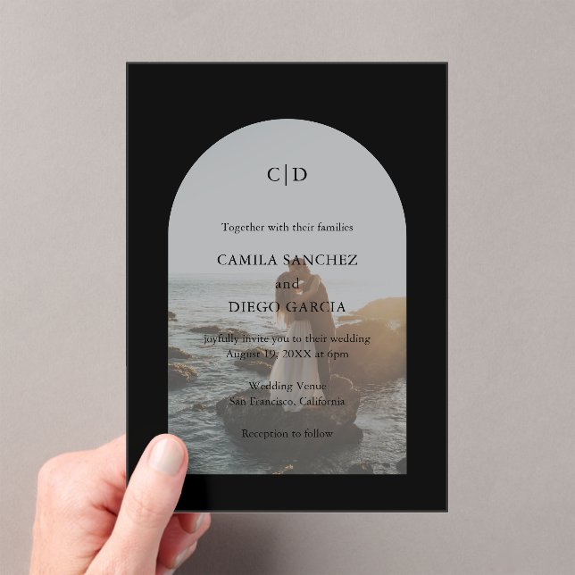 Camila Black Arch Modern Wedding Acrylic Invitations (Insitu (Handheld))