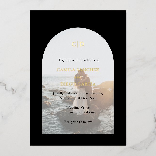 Camila Black Arch Modern Wedding Foil Invitation (Front)