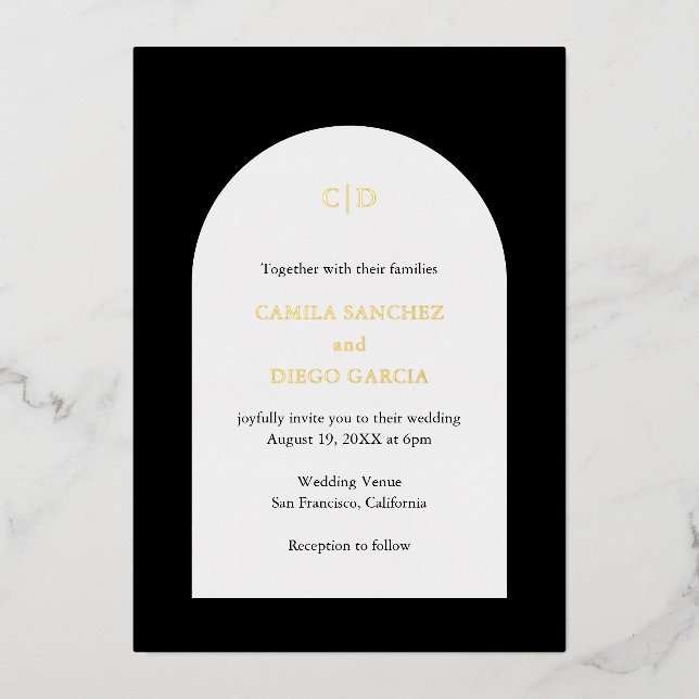 Camila Black Arch Modern Wedding Foil Invitation (Front)