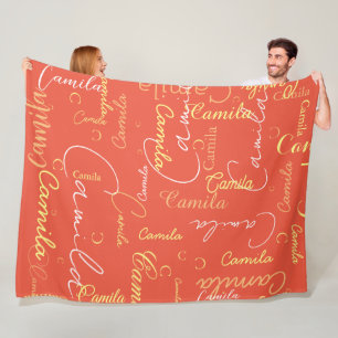 Camila custom name initial repeated on orange red fleece blanket