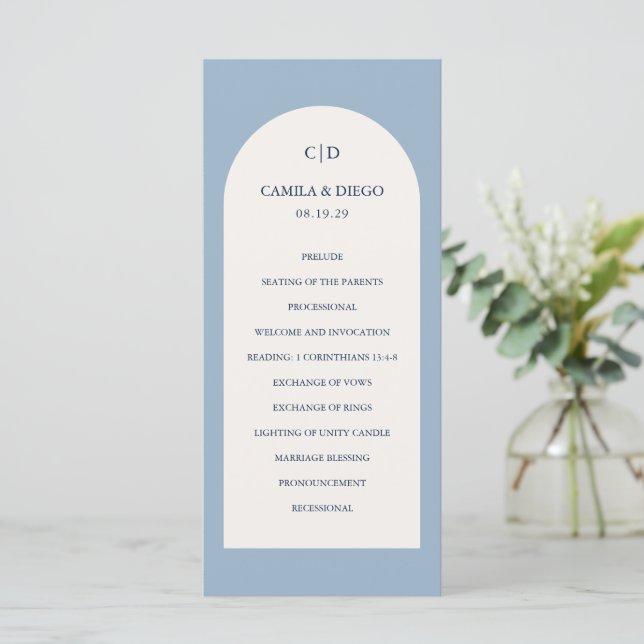 Camila Dusty Blue Arch Modern Wedding Program (Standing Front)