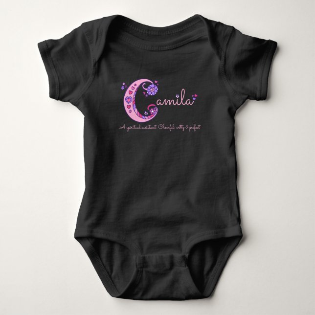 Camila girls name & meaning C monogram baby romper (Front)